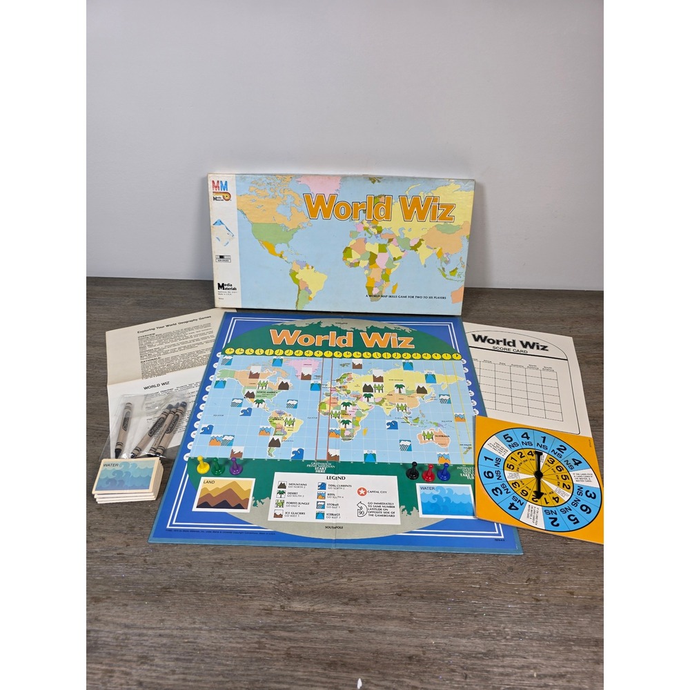 Vintage World Wiz Board Game 1985 Media Materials Map Skills Education COMPLETE